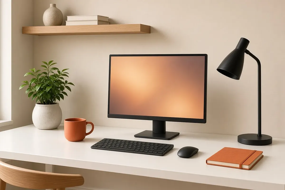 Illustration of a white desk with a monitor, keyboard and mouse, an orange mug and notebook, a potted plant and a black desk lamp