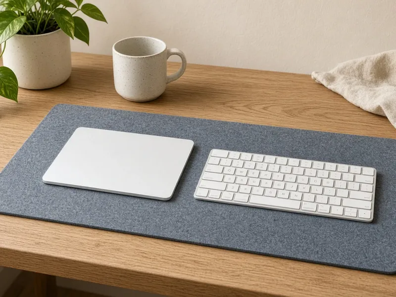Illustration of a white wireless trackpad on a modern desk