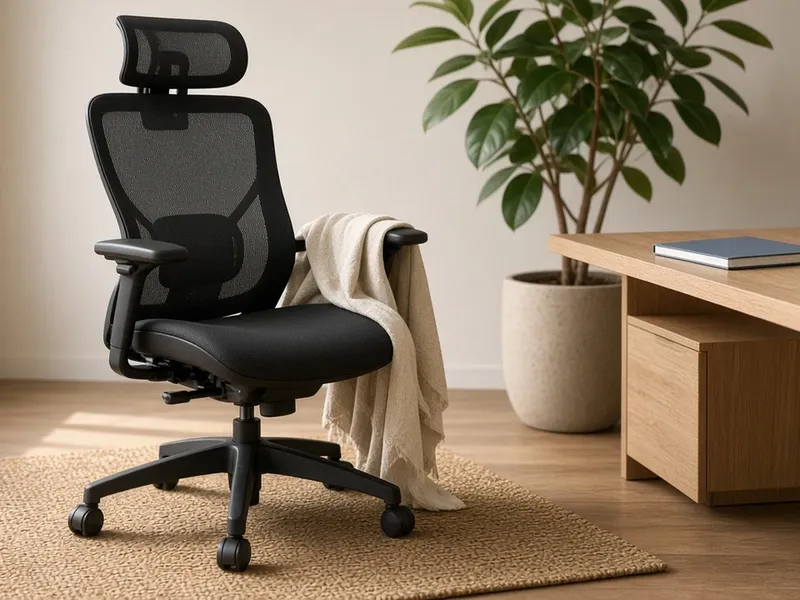 Illustration of a black mesh office chair with a headrest beside a wooden desk and plant